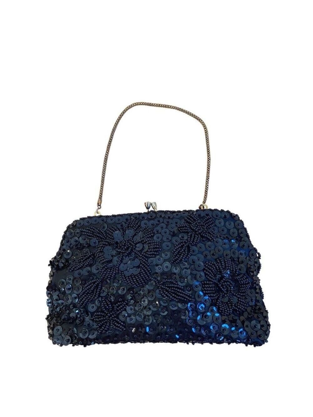 Vintage Du-Val Black Beaded & Sequined Evening Clutch Purse With Gold Chain Hand